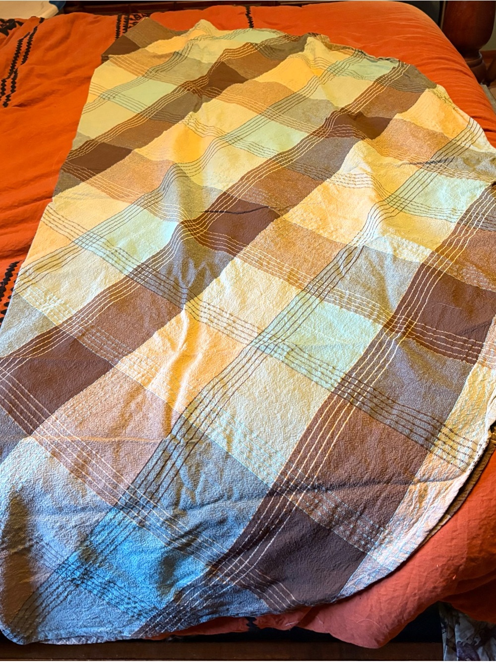 Plaid Cotton Quilt in Brown and Cream - Unbranded